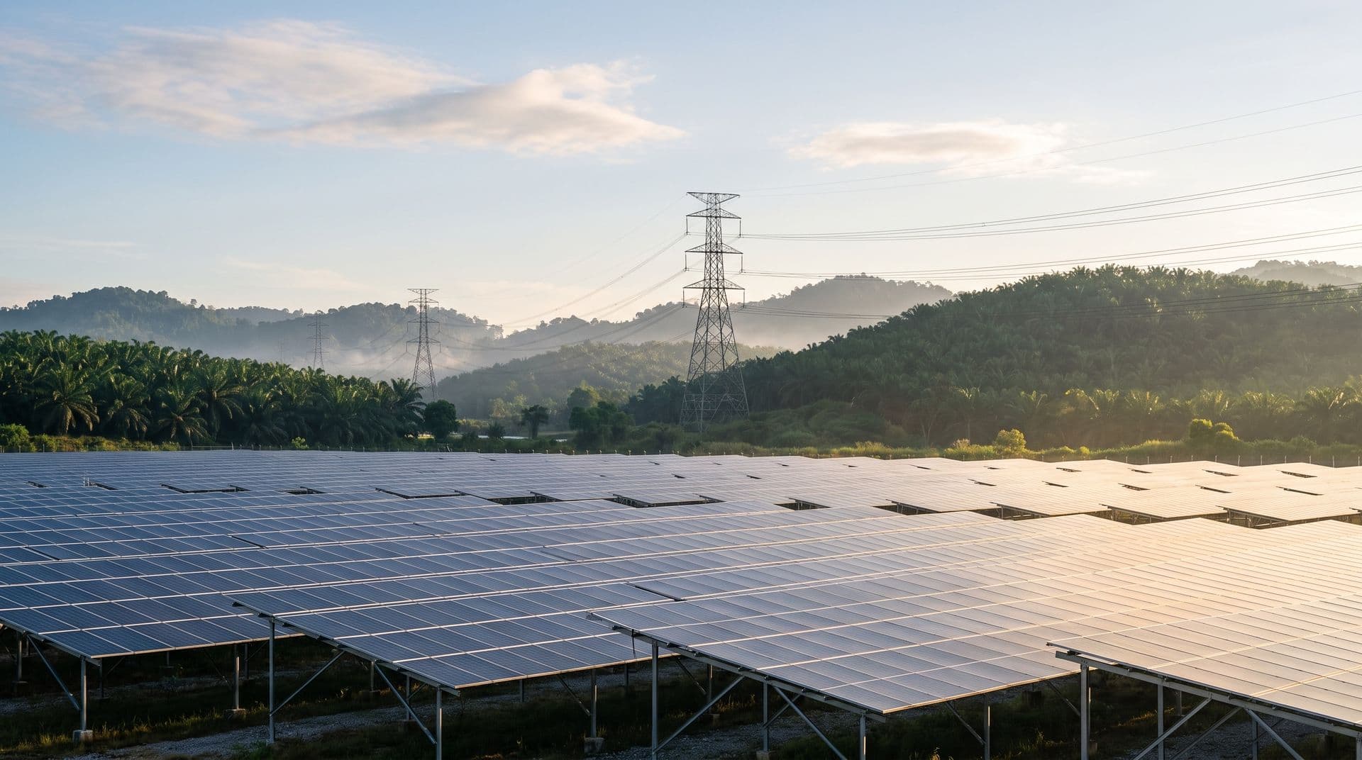 Solar farm with rows of photovoltaic panels in the foreground and high-voltage transmission pylons rising above misty green palm-covered hills in Malaysia at sunrise