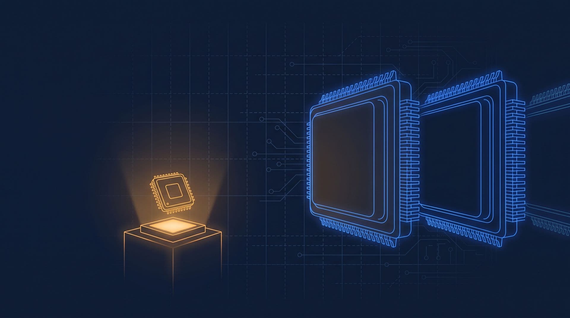 Tiny glowing chip on a pedestal facing a row of much larger dark processors, David and Goliath in silicon