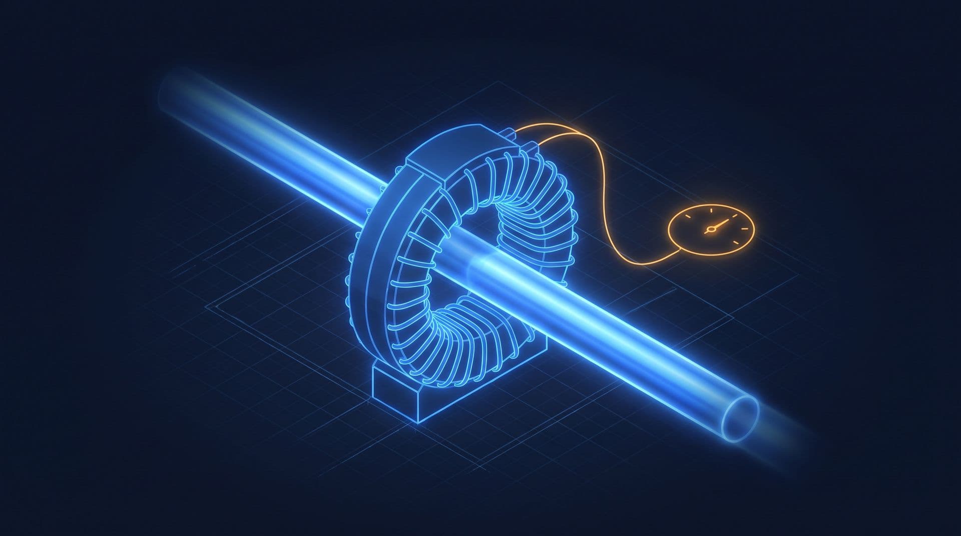 Toroidal current transformer ring clamped around a thick glowing busbar with a thin amber wire leading to a small meter