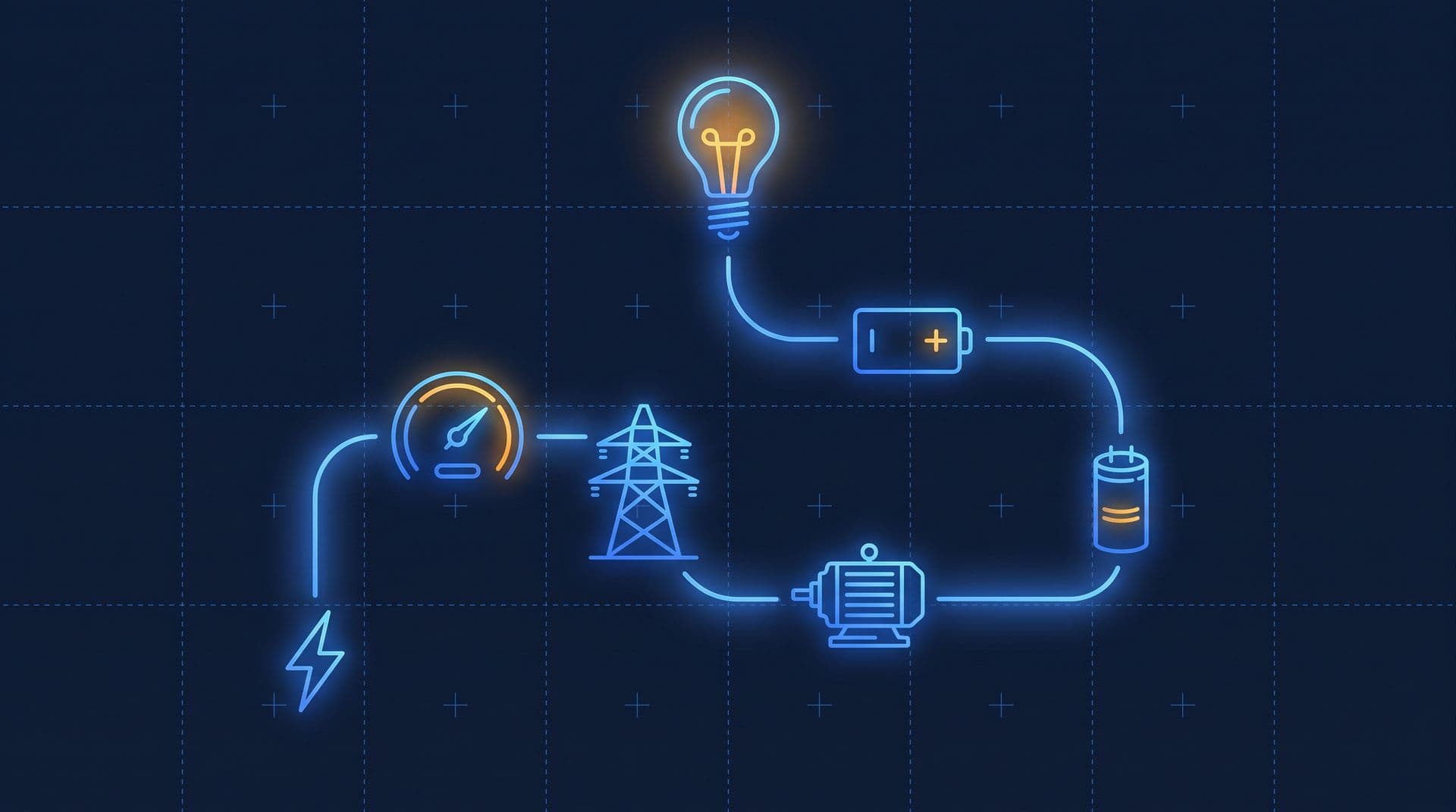 Glowing course path across a blueprint connecting a lightning bolt, gauge, pylon, motor, battery and capacitor, ending at a bright light bulb