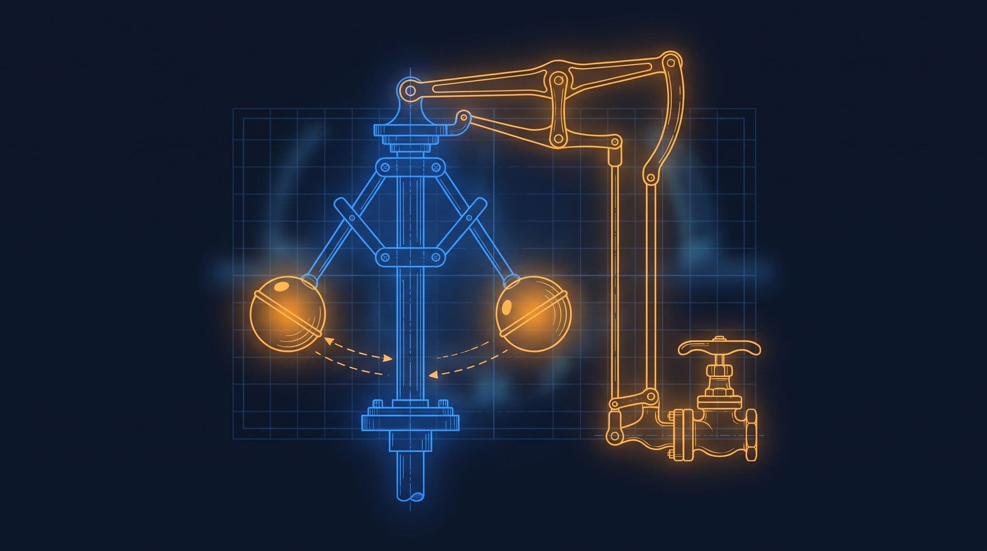 Watt's flyball centrifugal governor in glowing blueprint style, spinning balls linked to a steam valve, illustrating feedback control