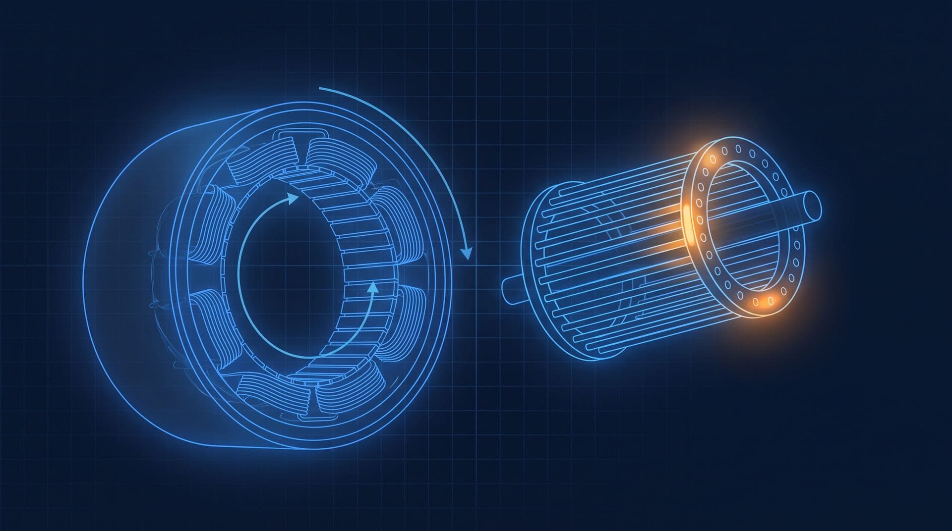 Exploded view of an induction motor showing the stator ring with windings and a floating squirrel-cage rotor