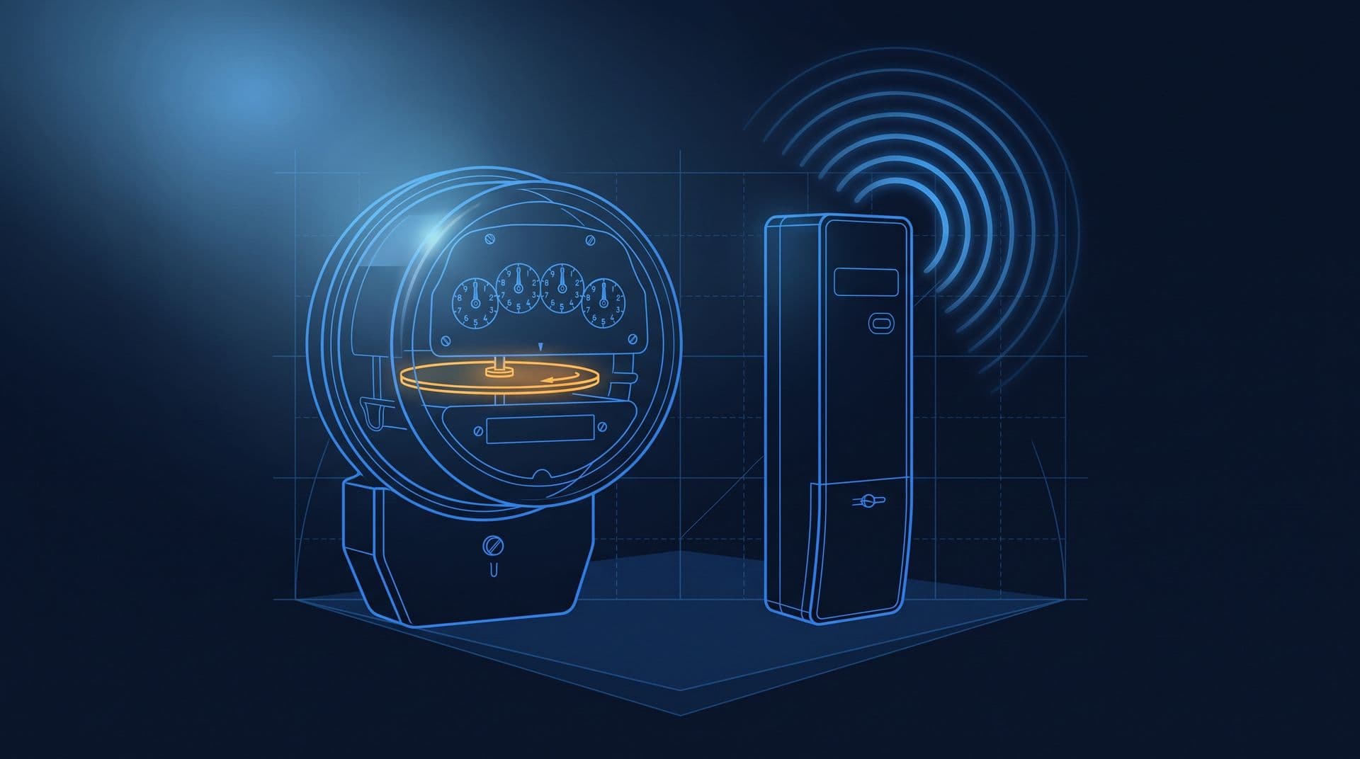 Classic spinning-disc electricity meter beside a modern smart meter emitting radio waves