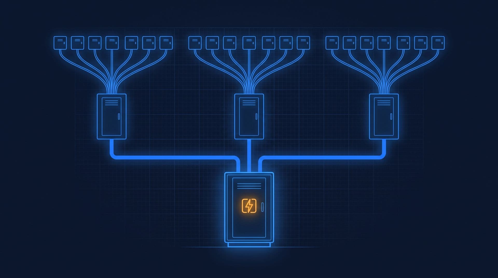 Electrical tree of switchboards: one main switchboard branching into sub-boards and rows of small distribution boards