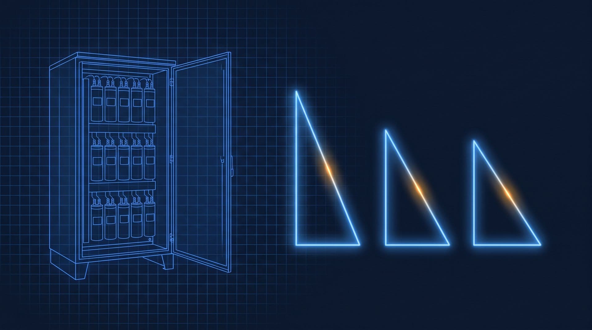 Open capacitor bank cabinet beside power triangles shrinking as power factor improves toward unity