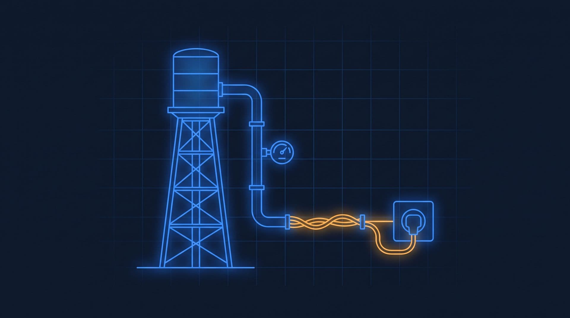 Blueprint-style illustration of a water tower feeding a glowing wall socket, showing voltage as pressure and current as flow