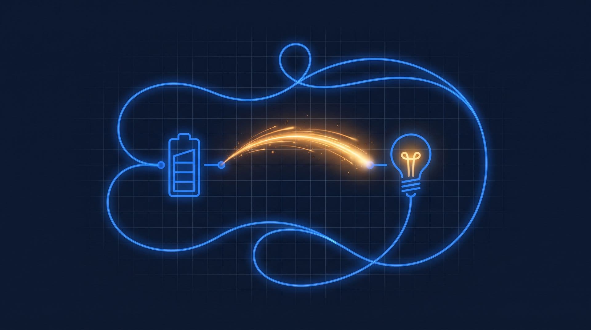 Battery and lamp joined by long looping wires while amber energy arcs stream directly across the gap between them