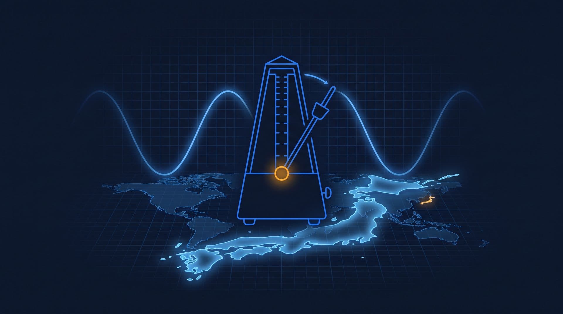Metronome tracing a sine wave over a world map with Japan split into two grid frequencies