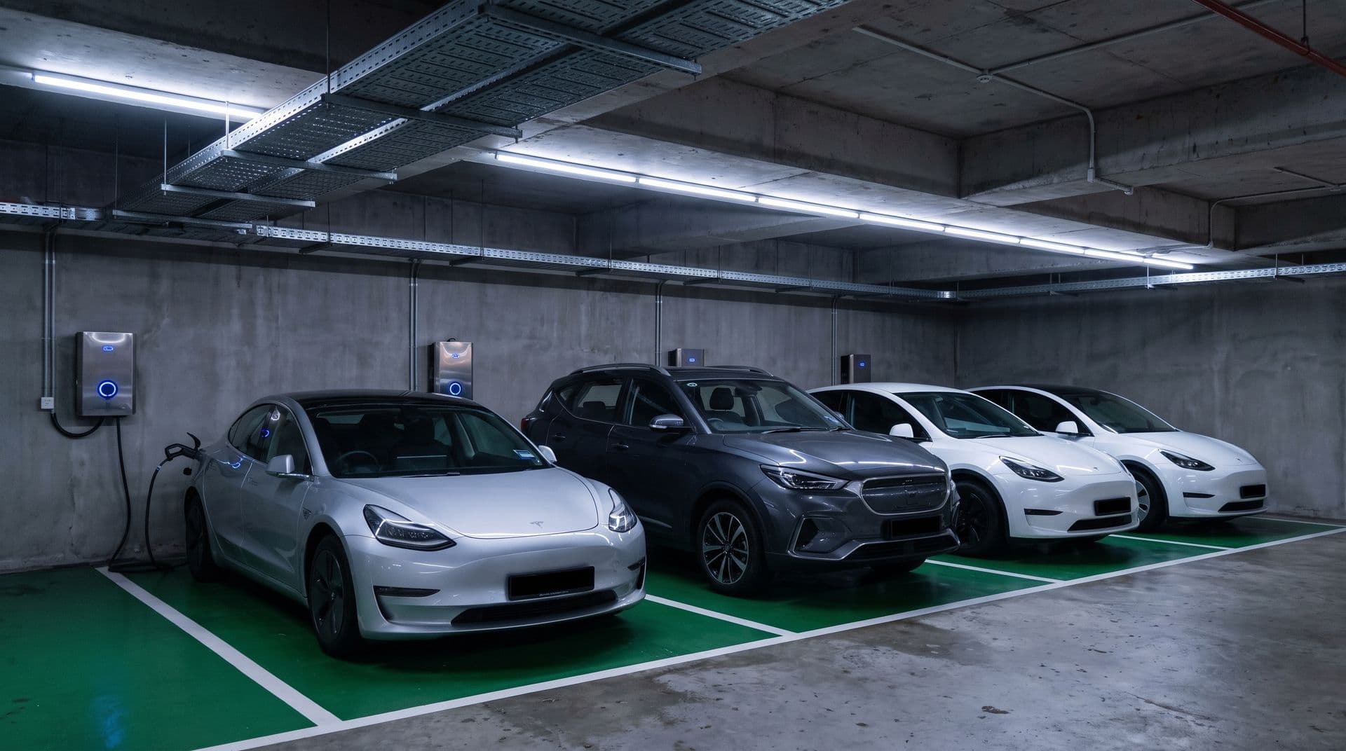 Electric cars plugged into wall-mounted AC chargers in a row of green-painted EV charging bays inside an office building basement carpark, with cable trays running along the concrete ceiling