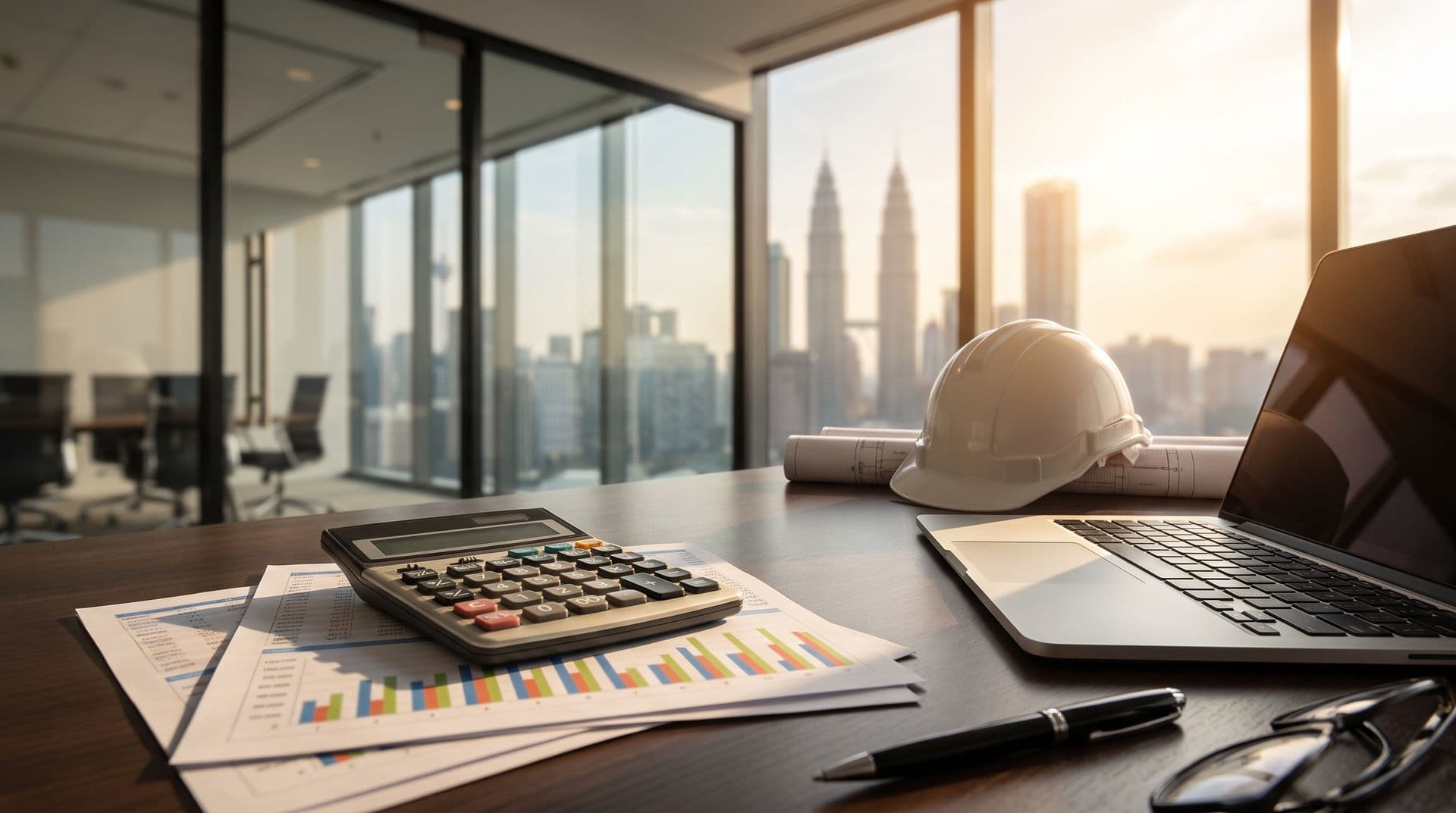 CFO desk in a Malaysian high-rise office with a calculator on financial charts, a white hard hat on rolled architectural drawings, a laptop and the Kuala Lumpur skyline at sunset through the window