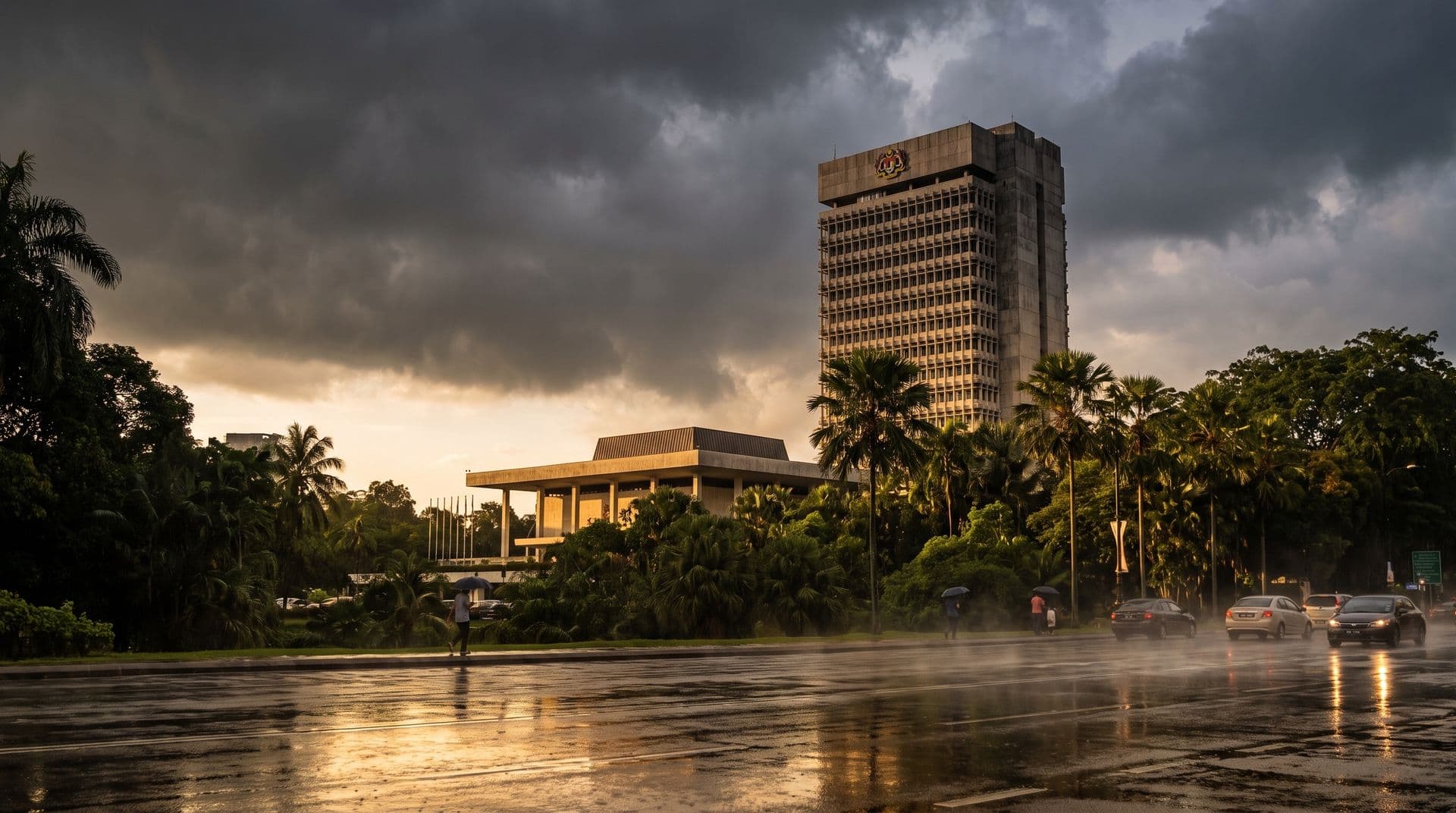 Malaysian Parliament building in Kuala Lumpur under dramatic monsoon storm clouds with warm late-afternoon light reflecting off a wet road