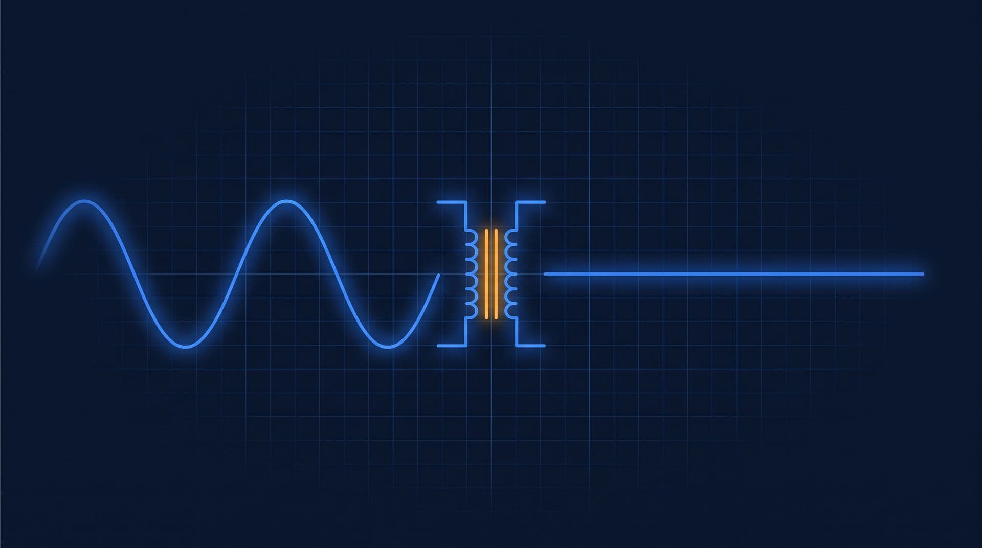Sine wave passing through a transformer symbol into a flat DC line, illustrating AC versus DC