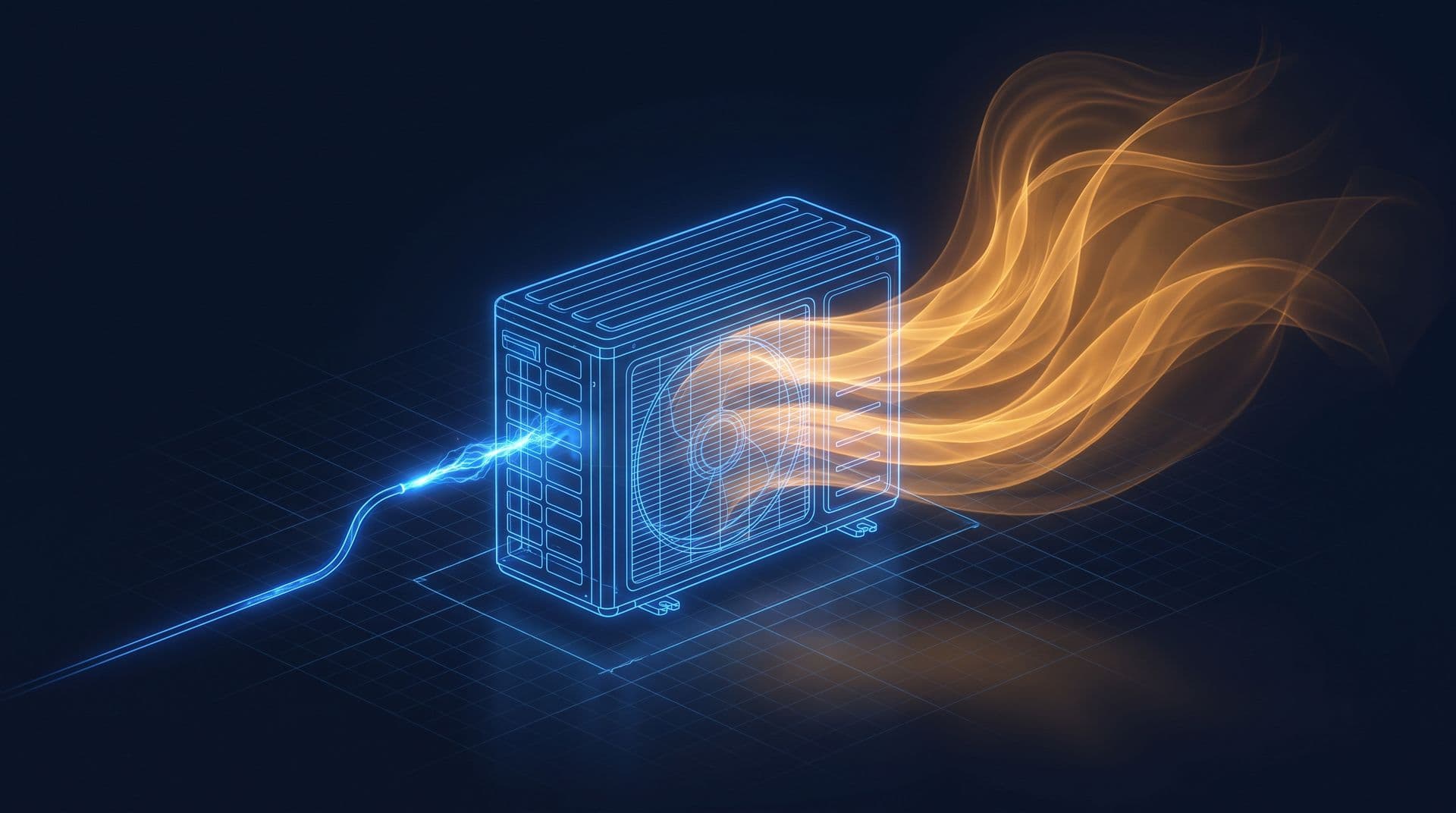 Outdoor air conditioner unit blowing a large warm plume while a thin blue stream of electricity enters, heat moved not made