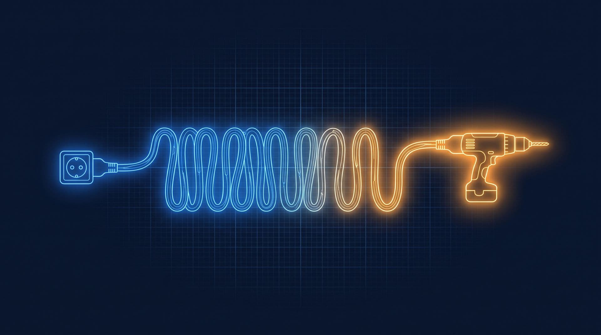 Long coiled extension cord glowing progressively warmer amber along its length toward a power drill, voltage lost over distance