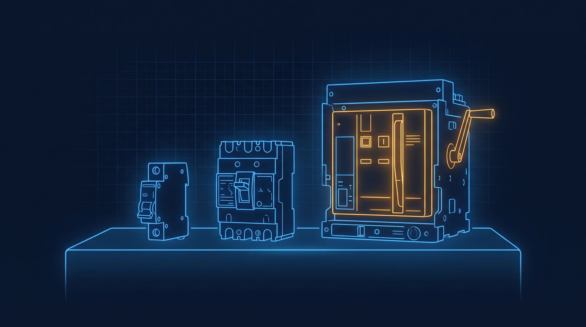 Lineup of circuit breakers in ascending size from miniature MCB to a large draw-out air circuit breaker