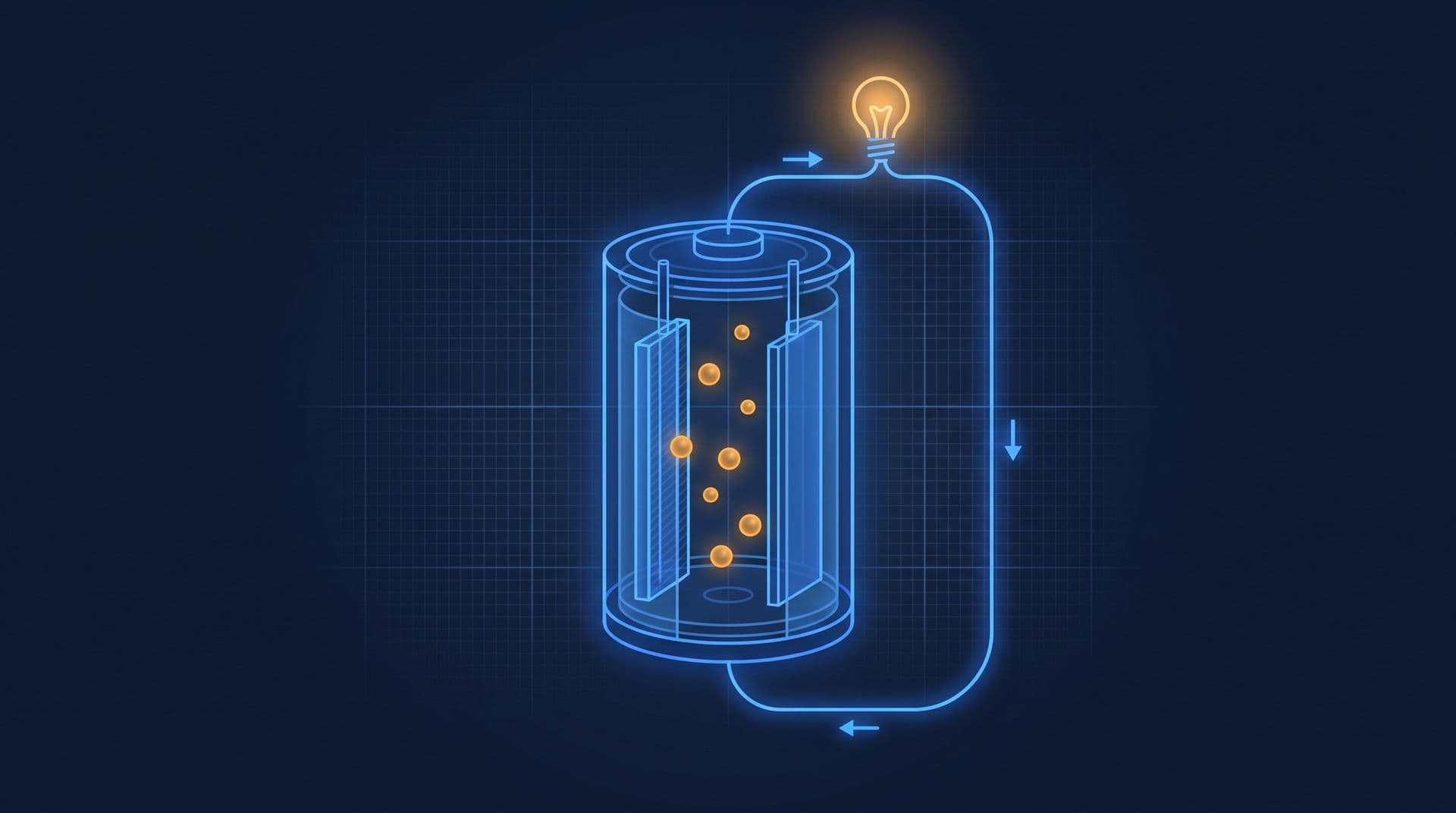 Cutaway battery cell with ions crossing inside while electrons power a lamp through an external circuit