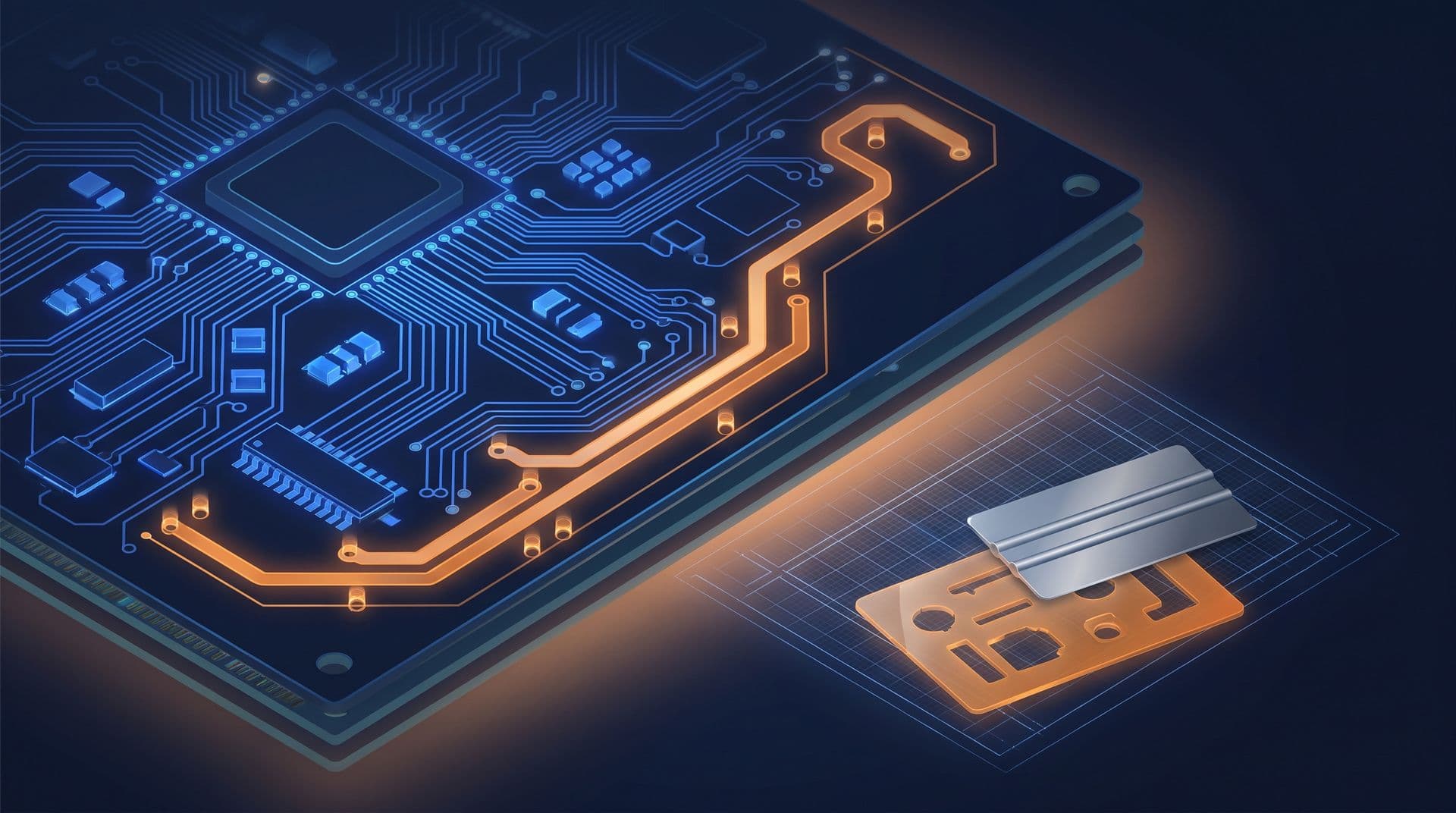 Circuit board with glowing traces and vias, one amber trace winding across, stencil and squeegee beside it