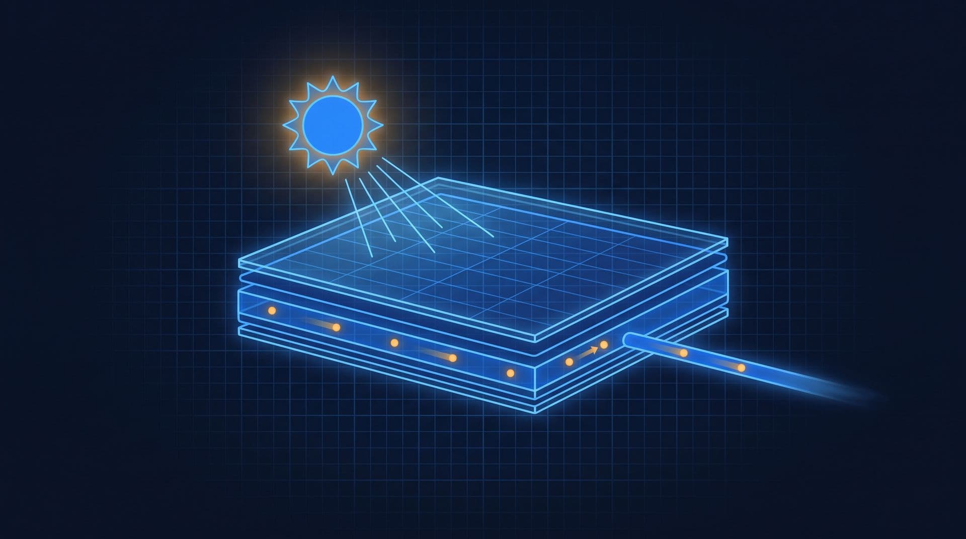 Cutaway solar panel with sun rays striking silicon layers and amber electron dots swept out along a wire, no moving parts