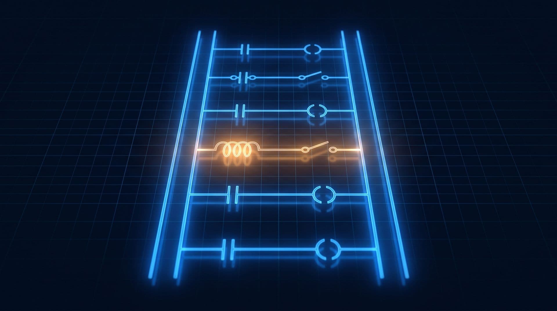 Glowing ladder schematic with vertical rails and symbol rungs, one seal-in rung glowing amber