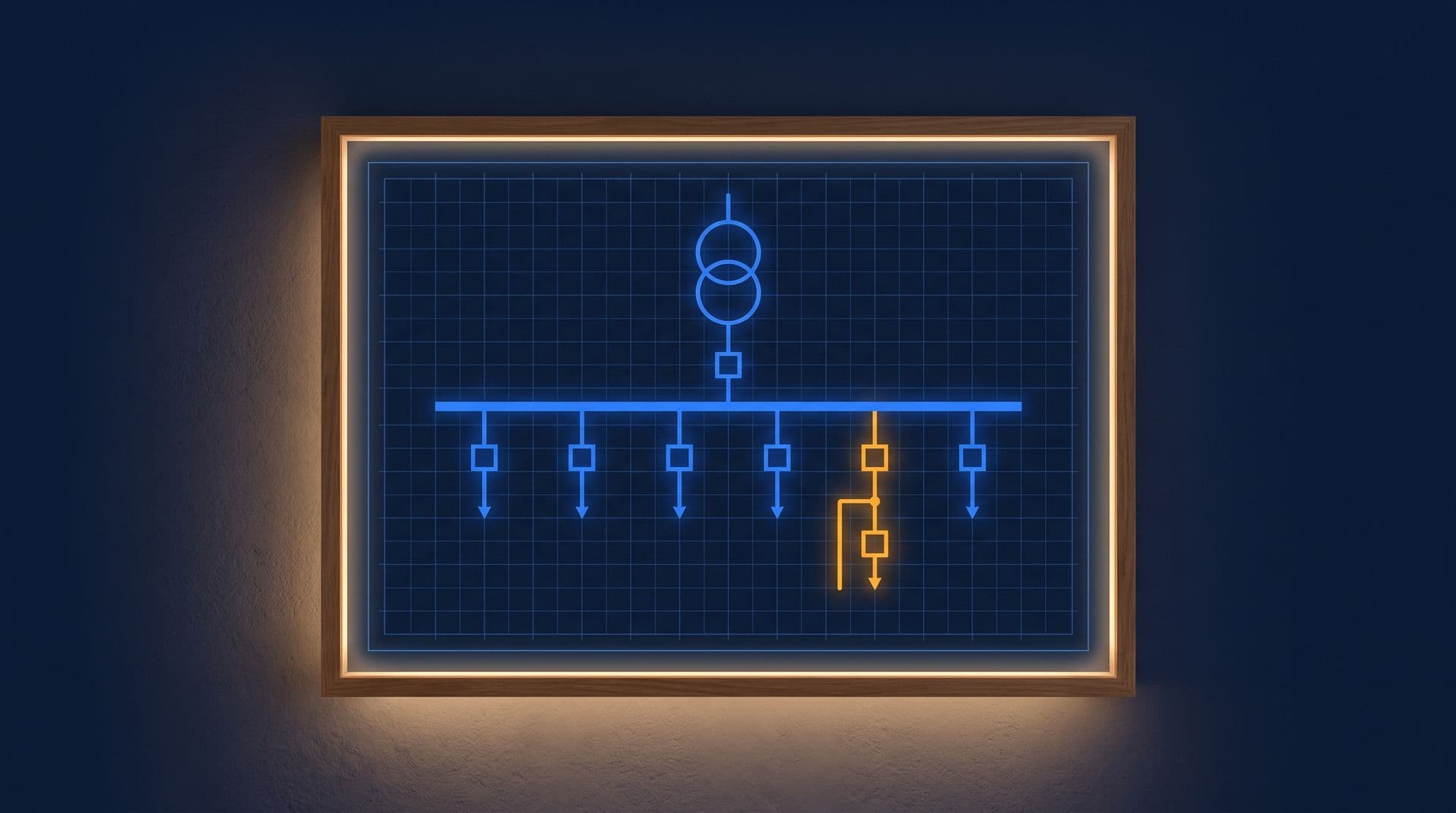Framed single-line diagram on a wall with transformer symbol, busbar and feeder drops, one feeder traced in amber