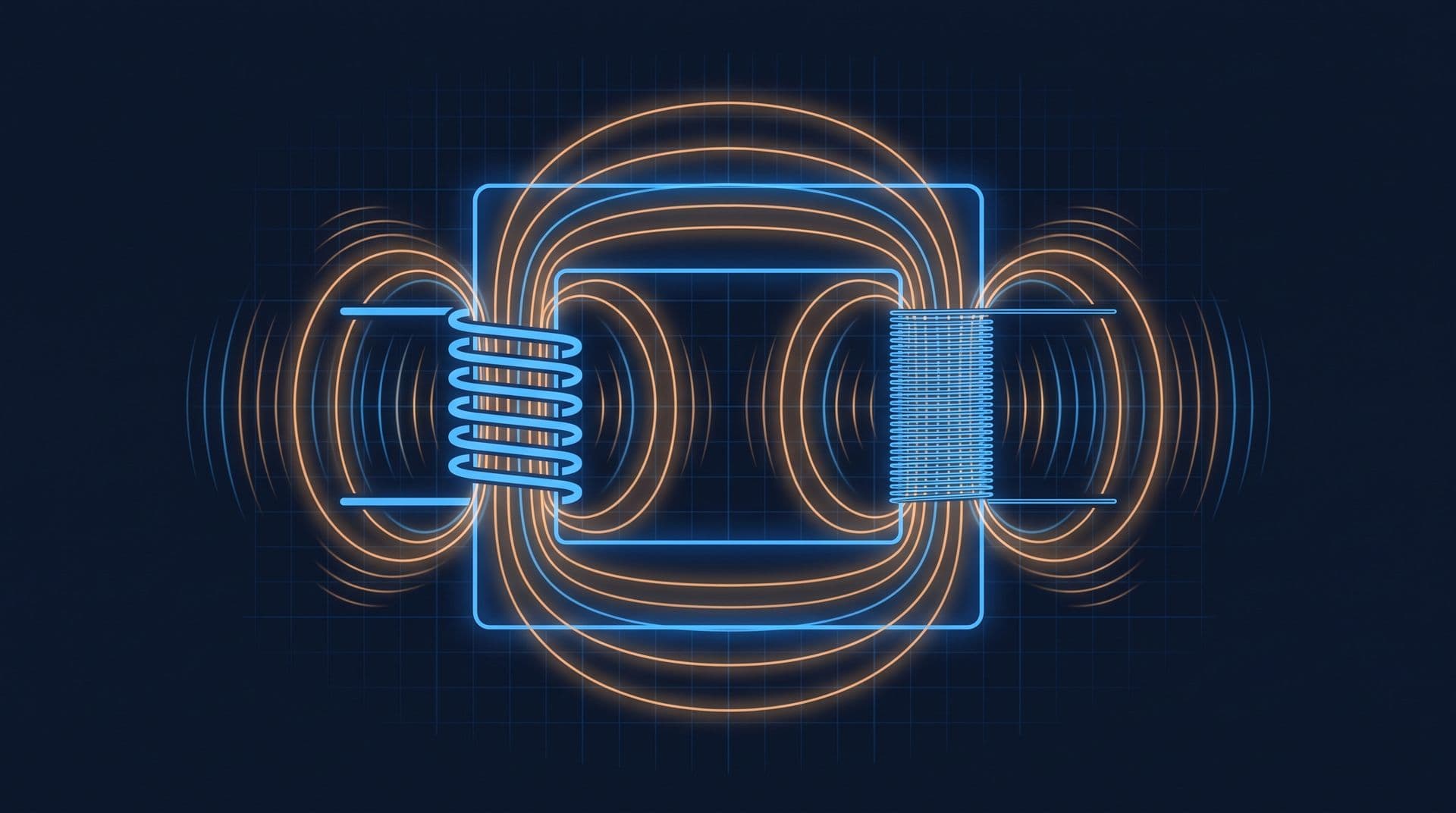 Transformer core with a thick primary coil and fine secondary winding linked by glowing magnetic field lines