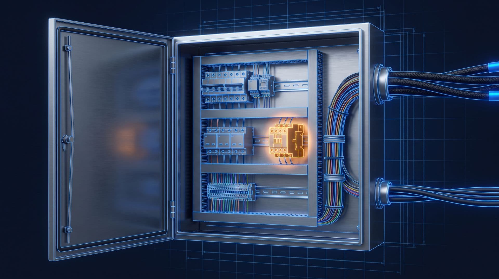 Open steel control panel with DIN-rail components, thick power cables and thin control wiring, one contactor glowing amber