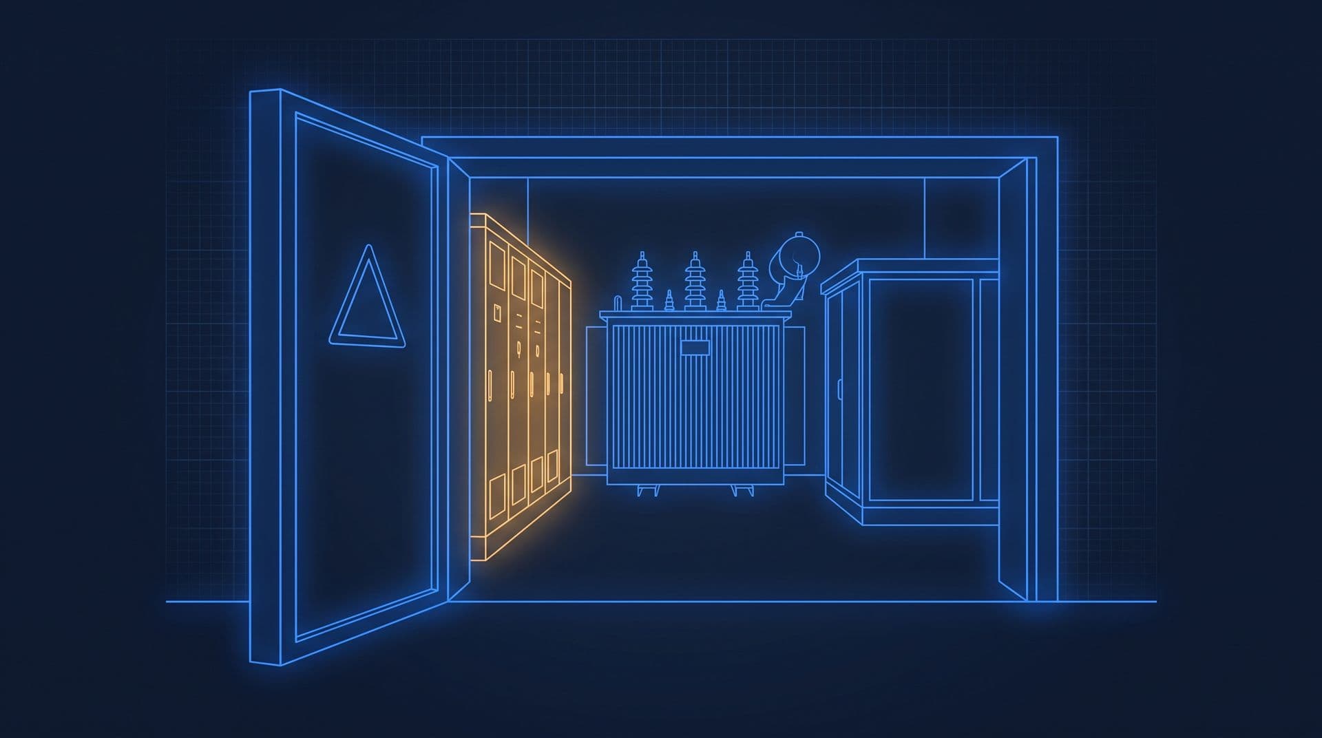 Substation room seen through an open door: ring main unit glowing amber, transformer and metering cubicle in a row