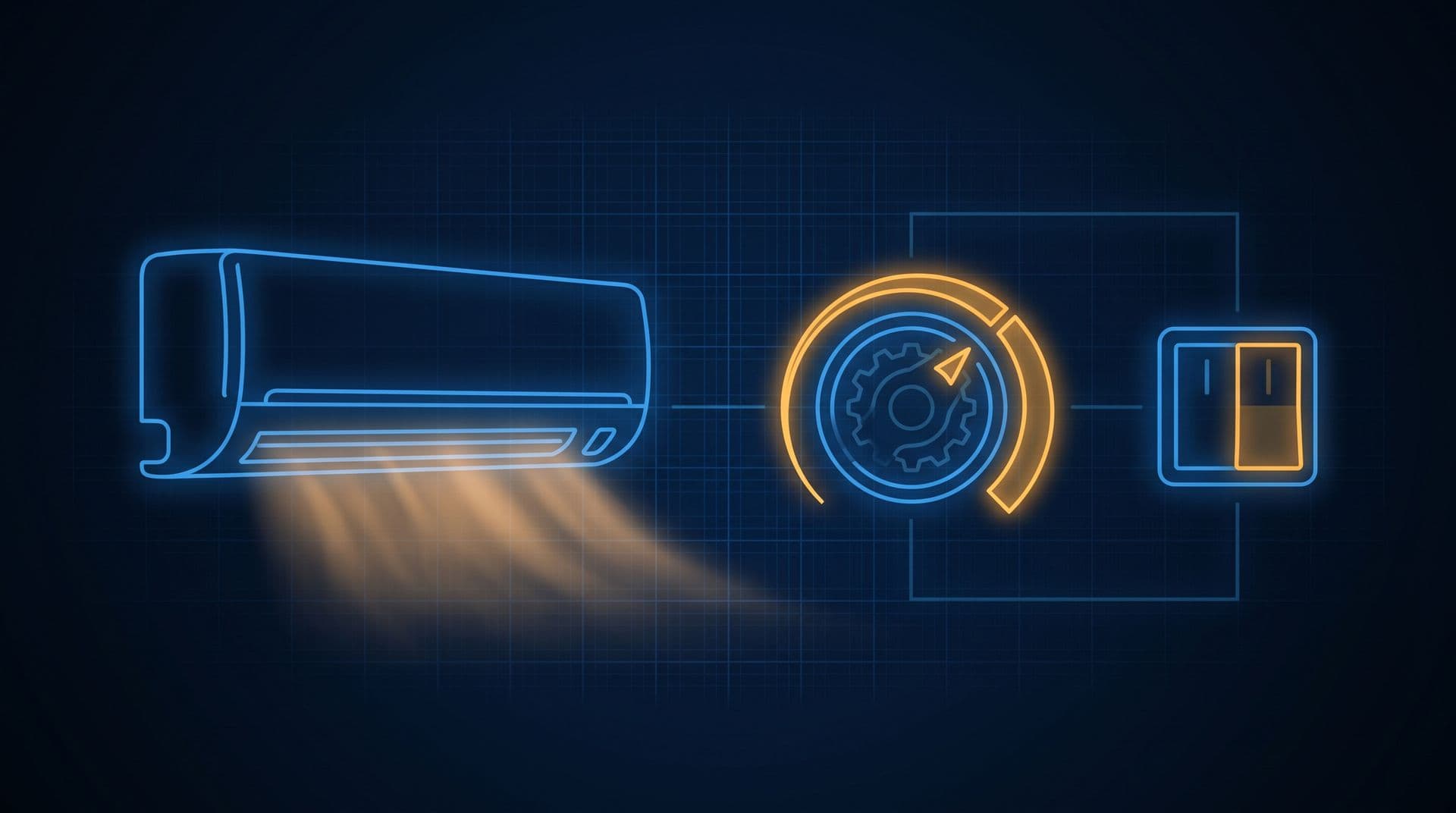 Split air conditioner beside a glowing variable speed dial contrasted with a simple on-off switch