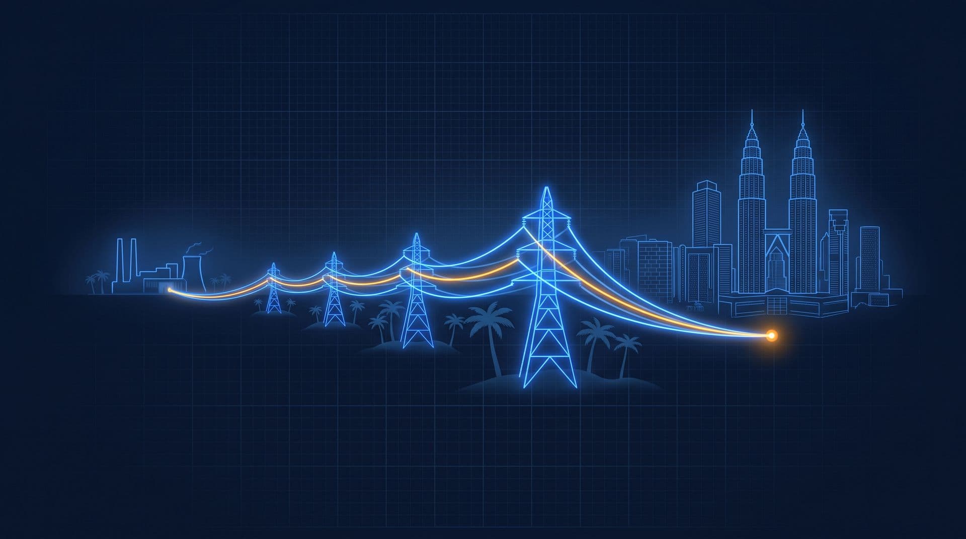 Transmission pylons carrying a glowing conductor from a power station past palm trees to the Kuala Lumpur skyline