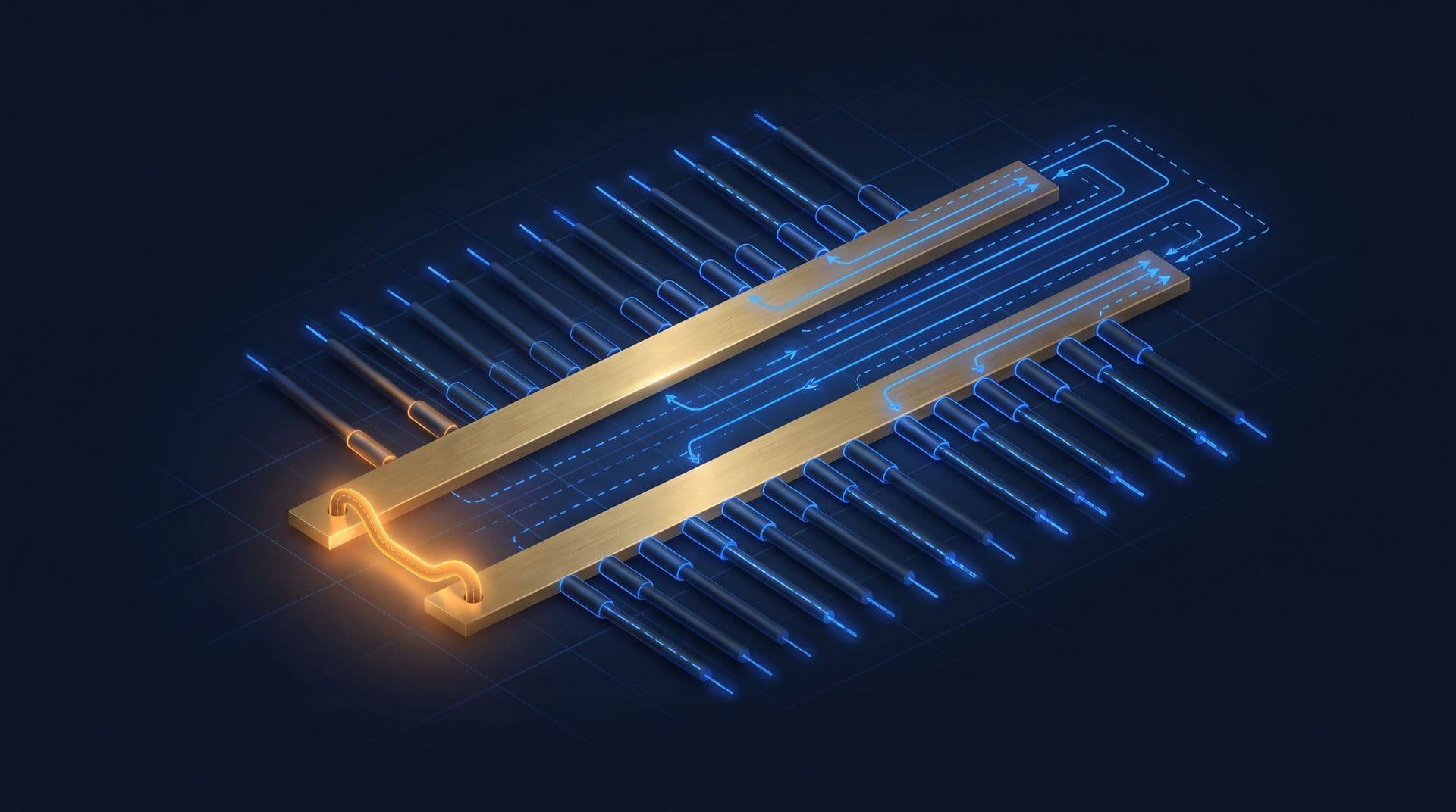 Two parallel busbars joined by a single glowing link at one end only, separate along their length
