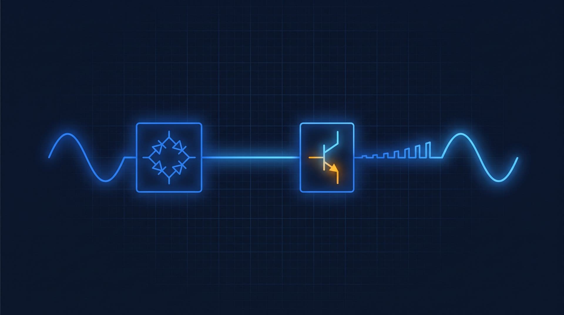 Sine wave flattening into DC through a diode bridge, then chopped by a transistor switch back into a clean AC wave