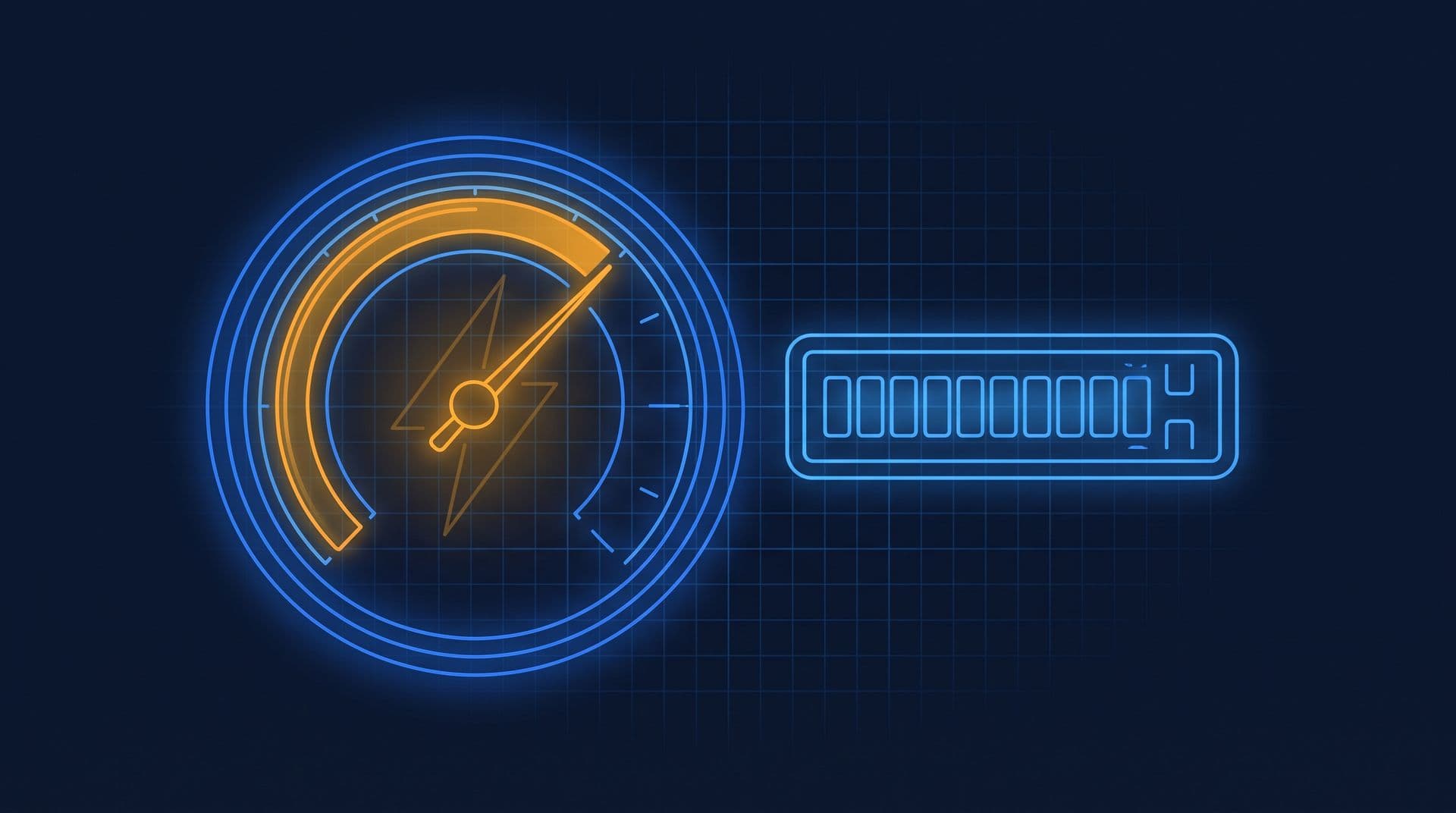 Glowing speedometer and odometer side by side, representing power in kW versus energy in kWh