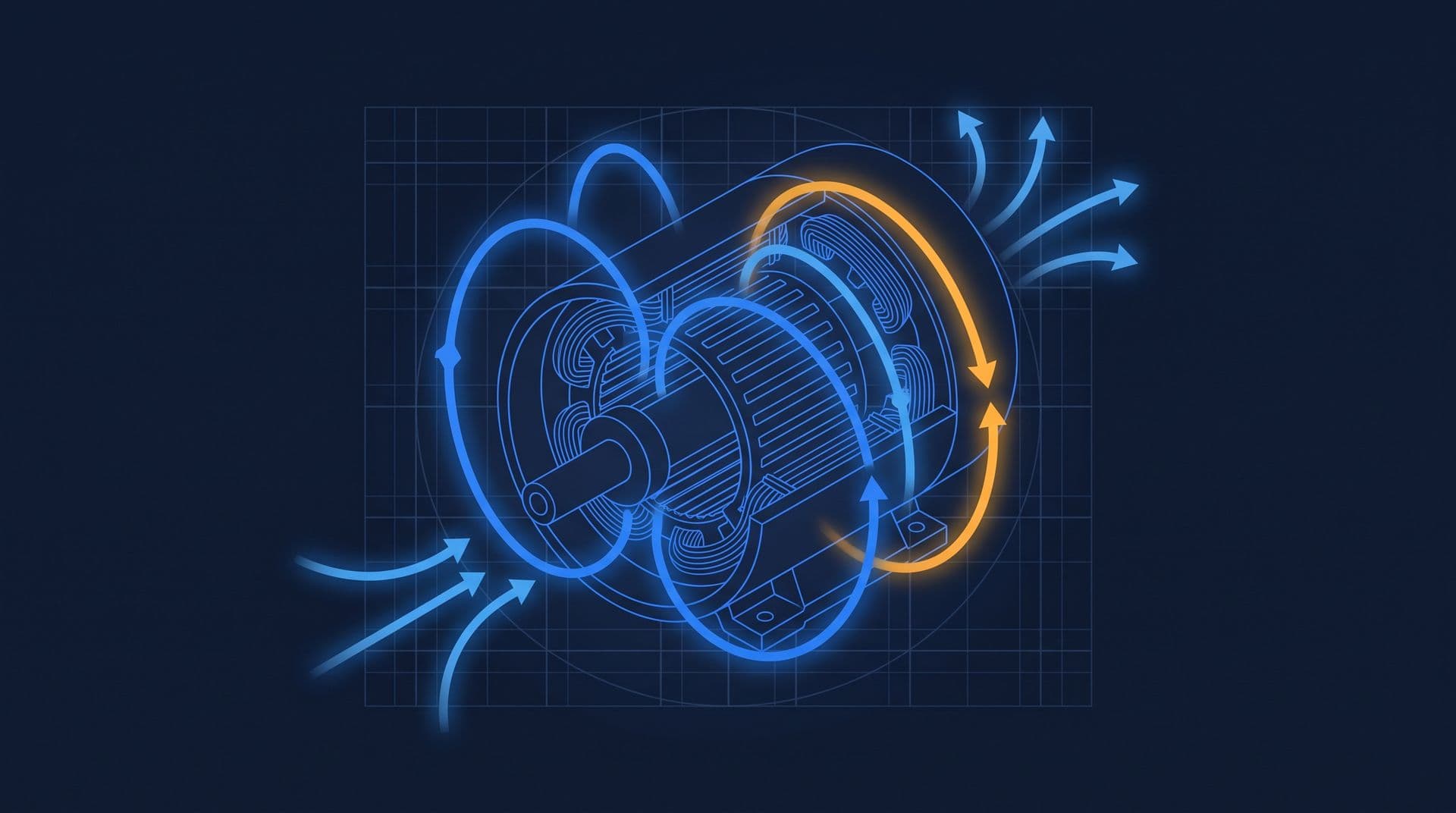 Induction motor cutaway with magnetic field loops showing reactive energy flowing in and returning each cycle
