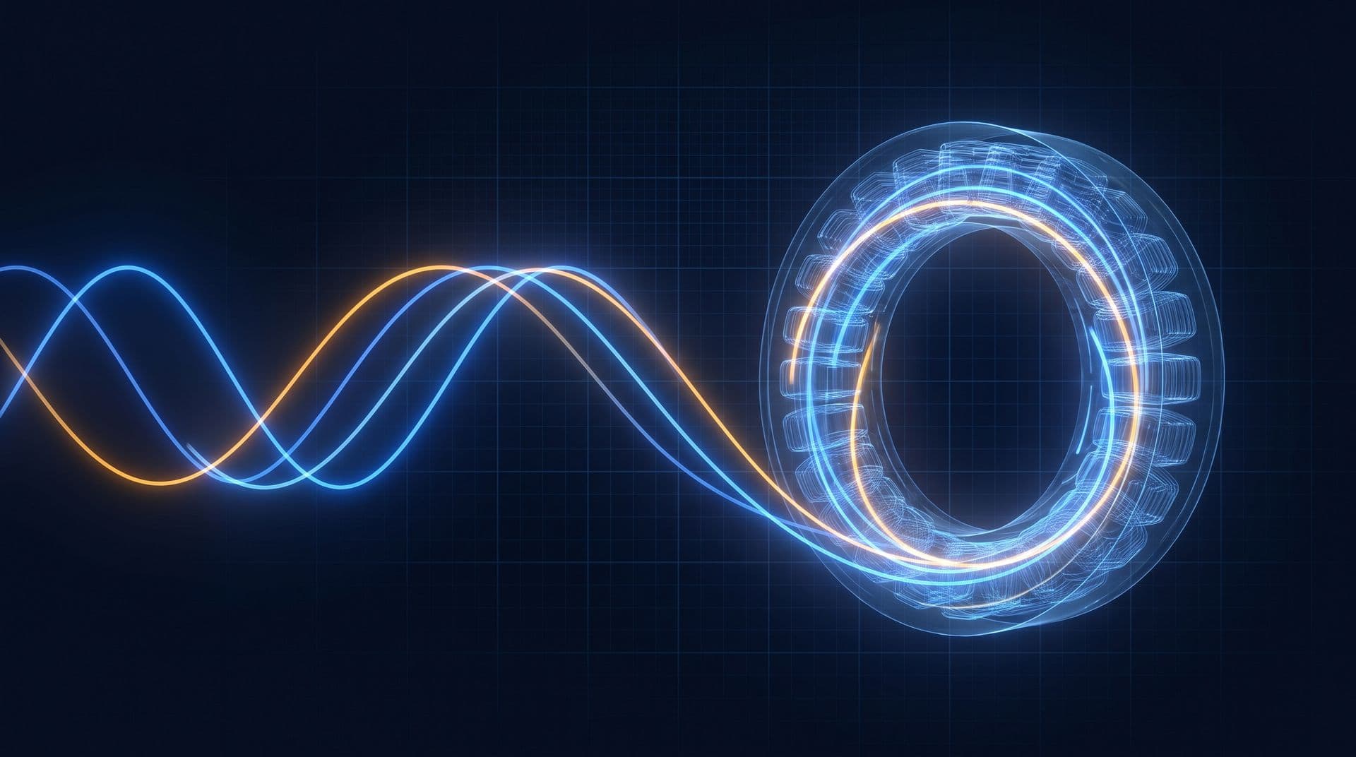 Three staggered sine waves flowing into a rotating motor stator ring, illustrating three-phase power