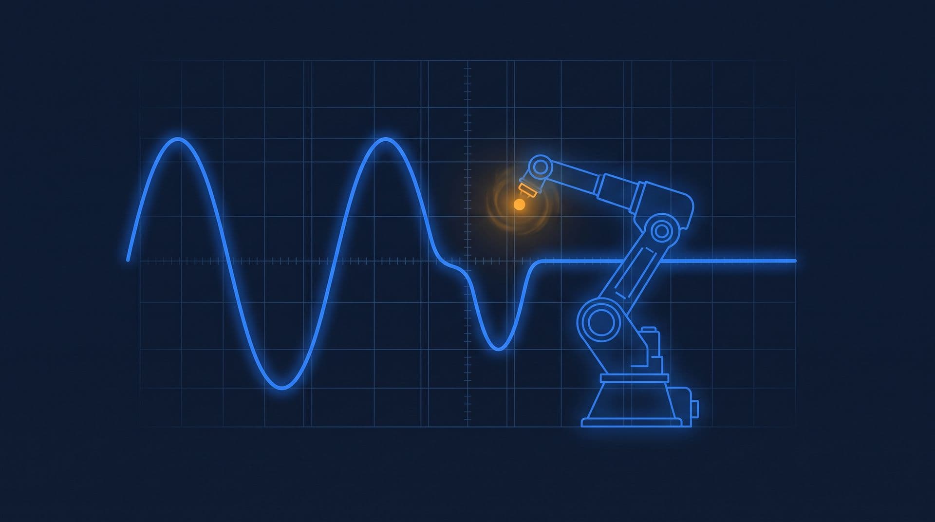 Oscilloscope sine wave with a sudden sag notch beside an industrial robot arm frozen mid-task
