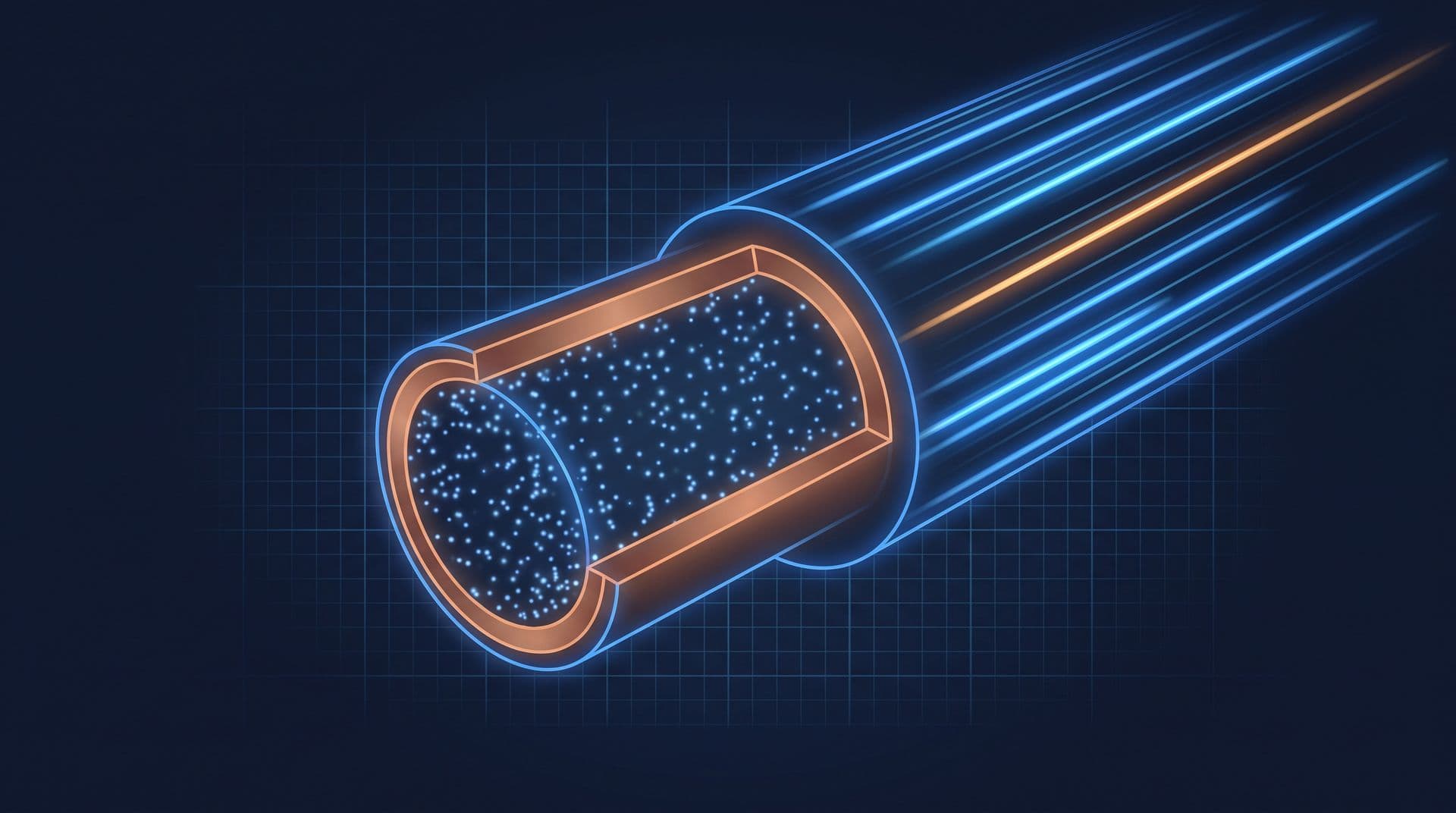 Cutaway copper wire showing slow drifting electron dots inside while a fast energy wave streaks along the outside