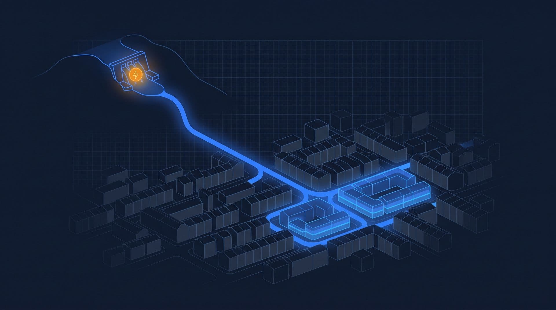 Dark night city map with a small hydro dam sending the first glowing line of power to relight street blocks in stages