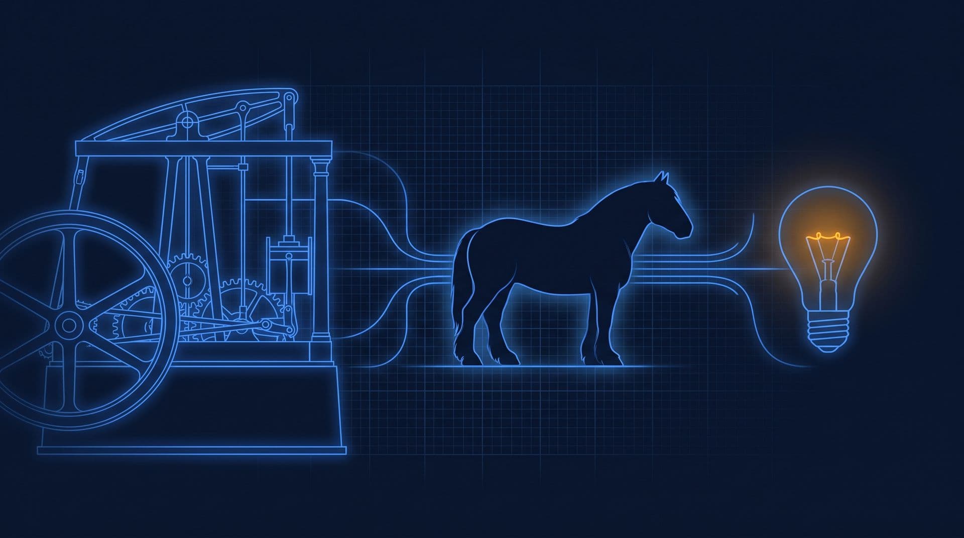 Watt steam engine, draft horse silhouette and glowing light bulb linked in one lineage of power