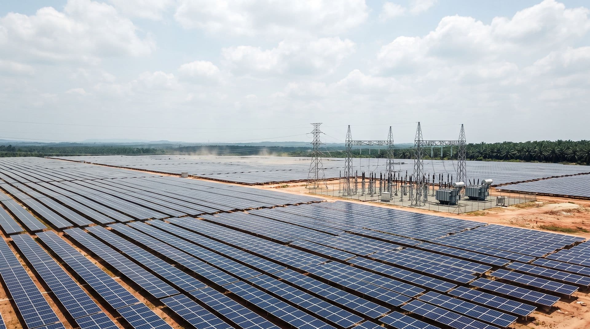 Aerial view of a large solar farm in Malaysia with rows of photovoltaic panels and a high-voltage transmission substation under a bright tropical sky