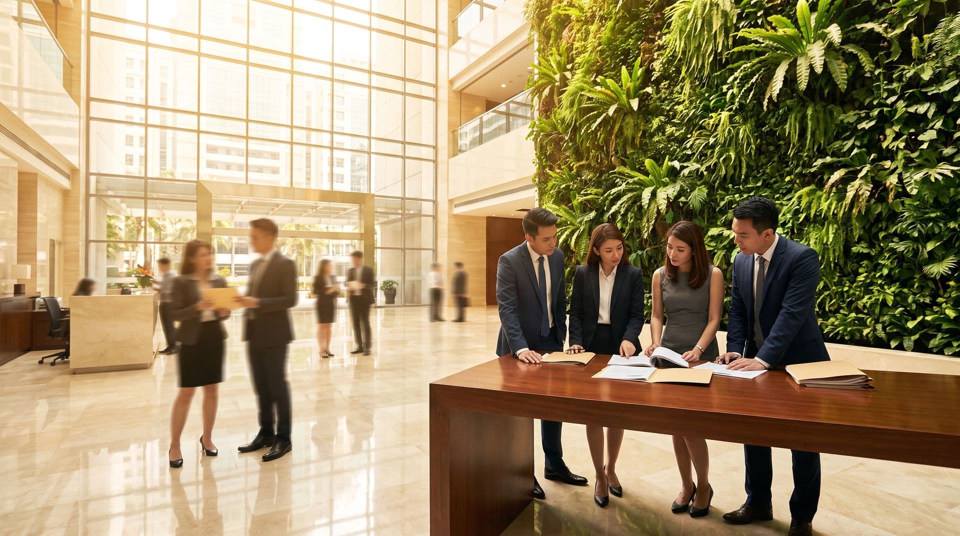 Businesspeople reviewing financing documents at a table beside a green planted wall in a Malaysian bank tower lobby