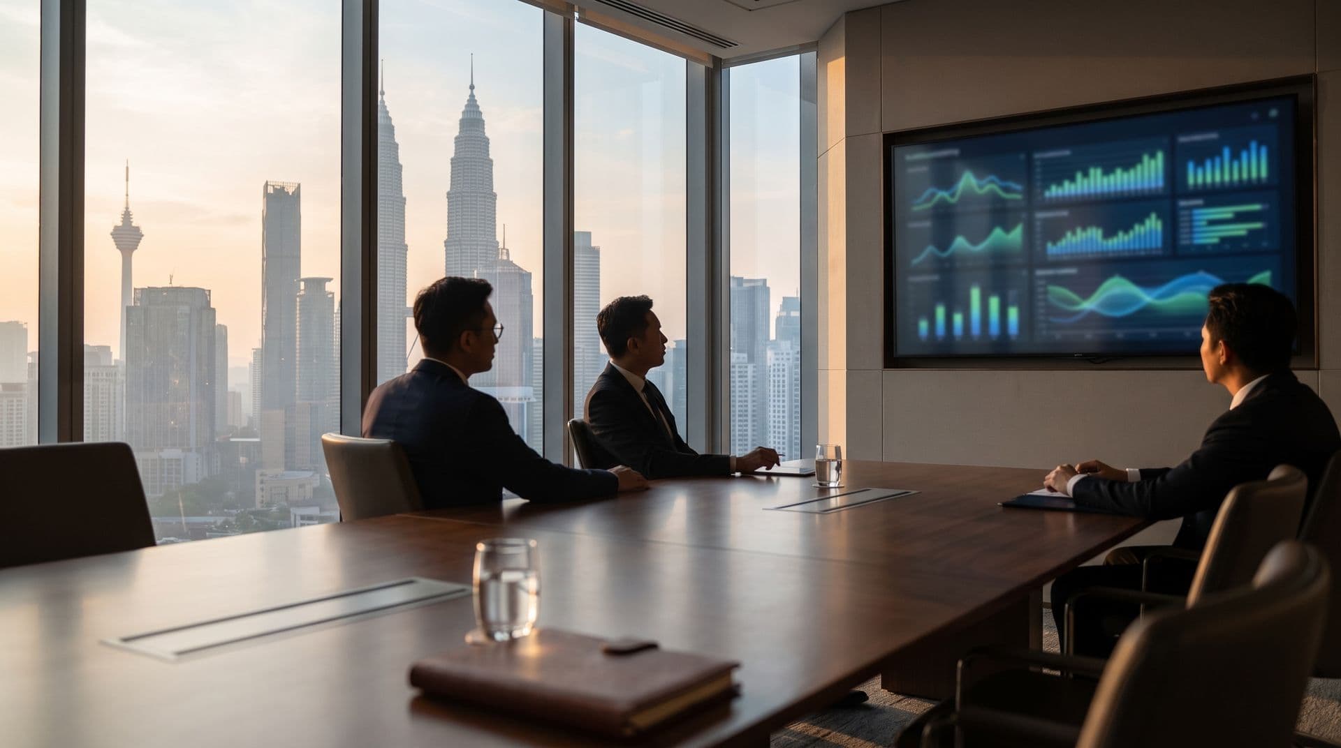 Executives in a Kuala Lumpur boardroom reviewing sustainability and energy dashboards on a wall screen, with the Petronas Towers skyline visible through floor-to-ceiling windows at sunrise