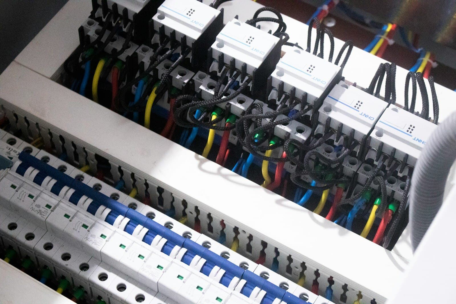 Industrial electrical distribution panel with contactors and breakers