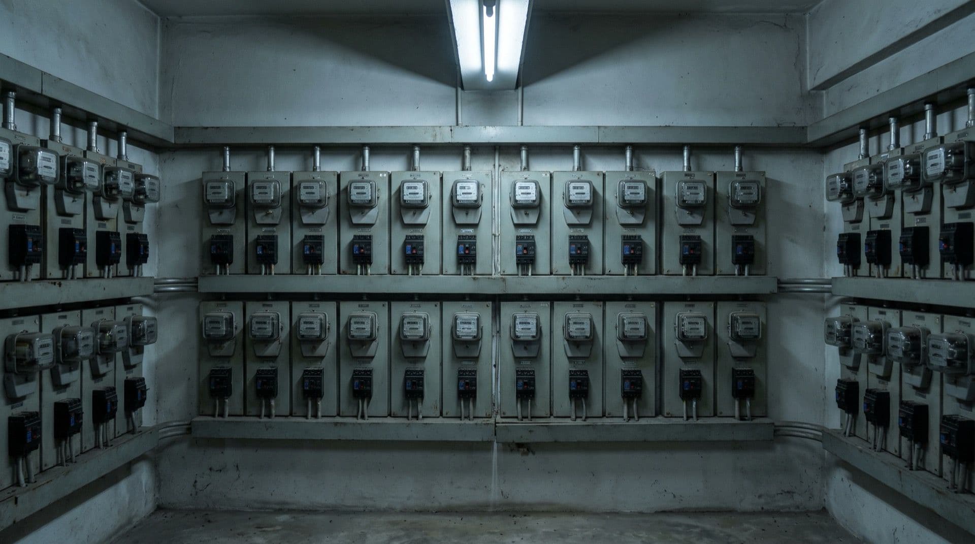 Rows of tenant electricity check-meters and labelled circuit breakers mounted on panel boards in a commercial building riser room under fluorescent light