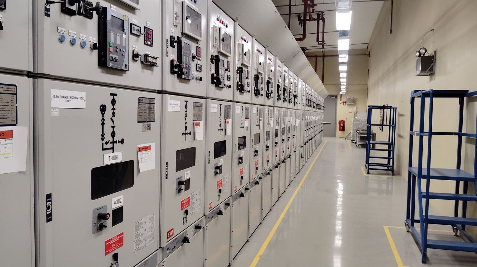 Row of labelled medium-voltage switchgear panels in a clean electrical room