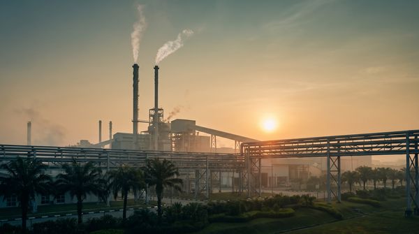 Industrial plant with smokestacks against a hazy sunrise in Malaysia, framed by palm trees and greenery