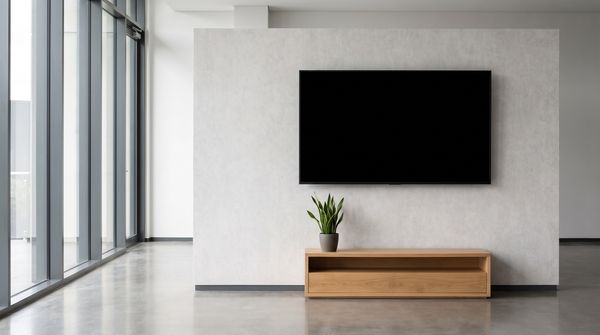 Switched-off wall-mounted energy dashboard with a dark blank screen in an empty modern office lobby, small potted plant on a wooden console beneath it