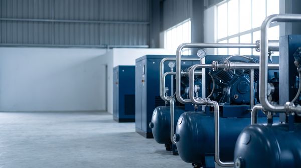 Row of blue industrial screw air compressors with stainless steel piping and pressure gauges in a clean Malaysian factory compressor room