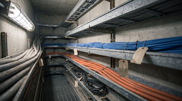 Concrete building riser shaft with stacked cable trays carrying separate bundles of grey, blue, orange and black cables from different eras, blank paper tags hanging from the runs