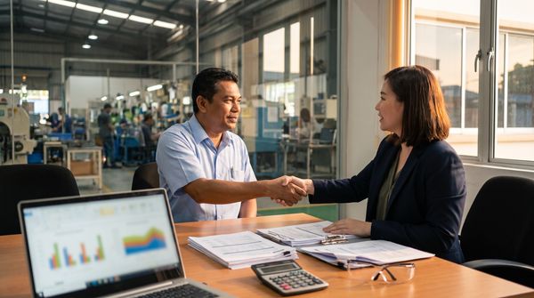 Factory manager and energy auditor shaking hands over audit documents in a Malaysian plant office
