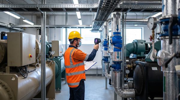 Energy auditor in a yellow hard hat and orange hi-vis vest pointing a thermal imaging camera at insulated chilled-water pipes in a chiller plant room, clipboard in hand, surrounded by chillers, gauges and valves